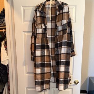 Long Plaid Shacket in Brown, Black & White